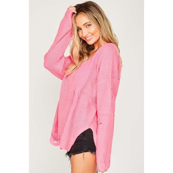 Neon Pink Distressed V-Neck Sweater NWT - Picture 4 of 8
